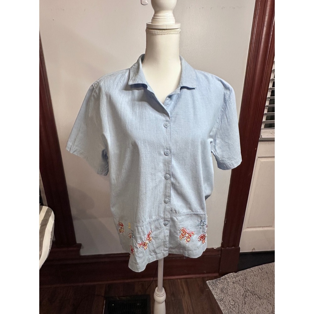 Jane Ashley Vintage Light Blue Embroidered Butterfly Sequin Button Shirt  XL